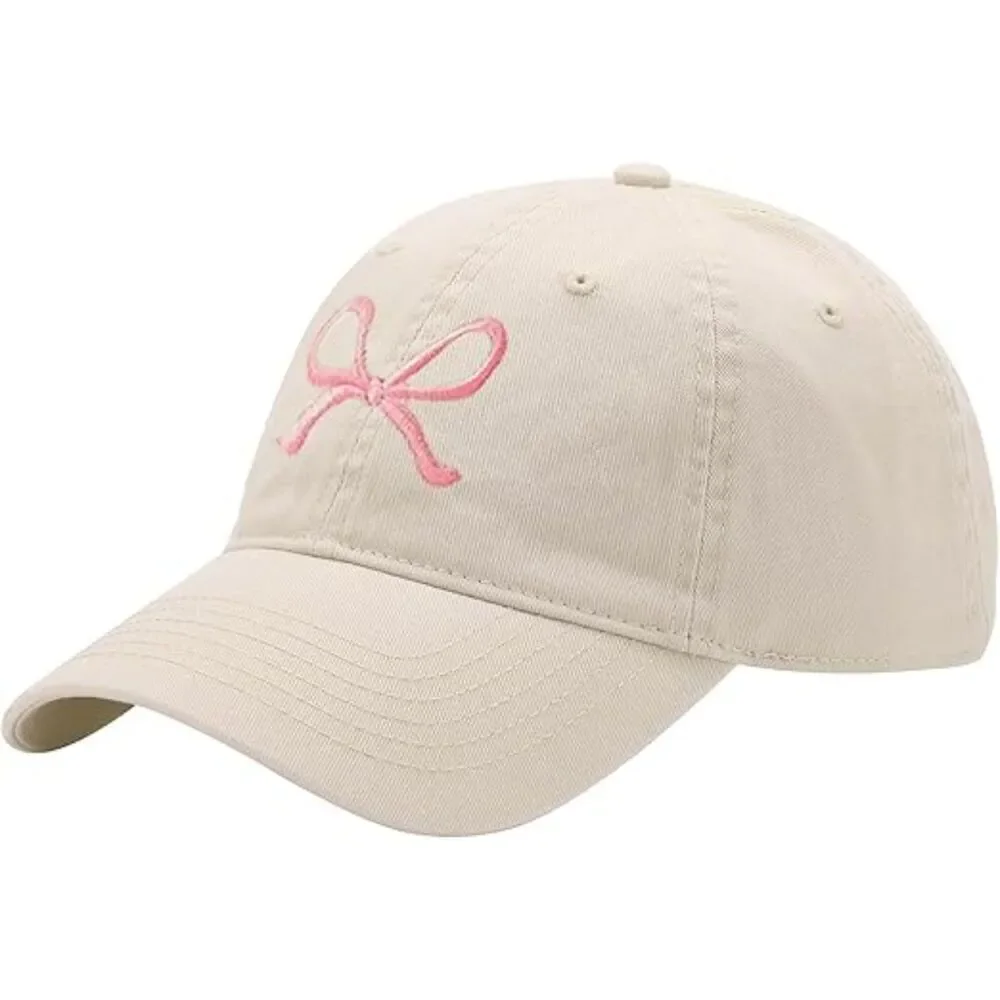 Unisex Beige Pink Embroidered Bow Tie 100% Cotton Adjustable Fit Baseball Caps